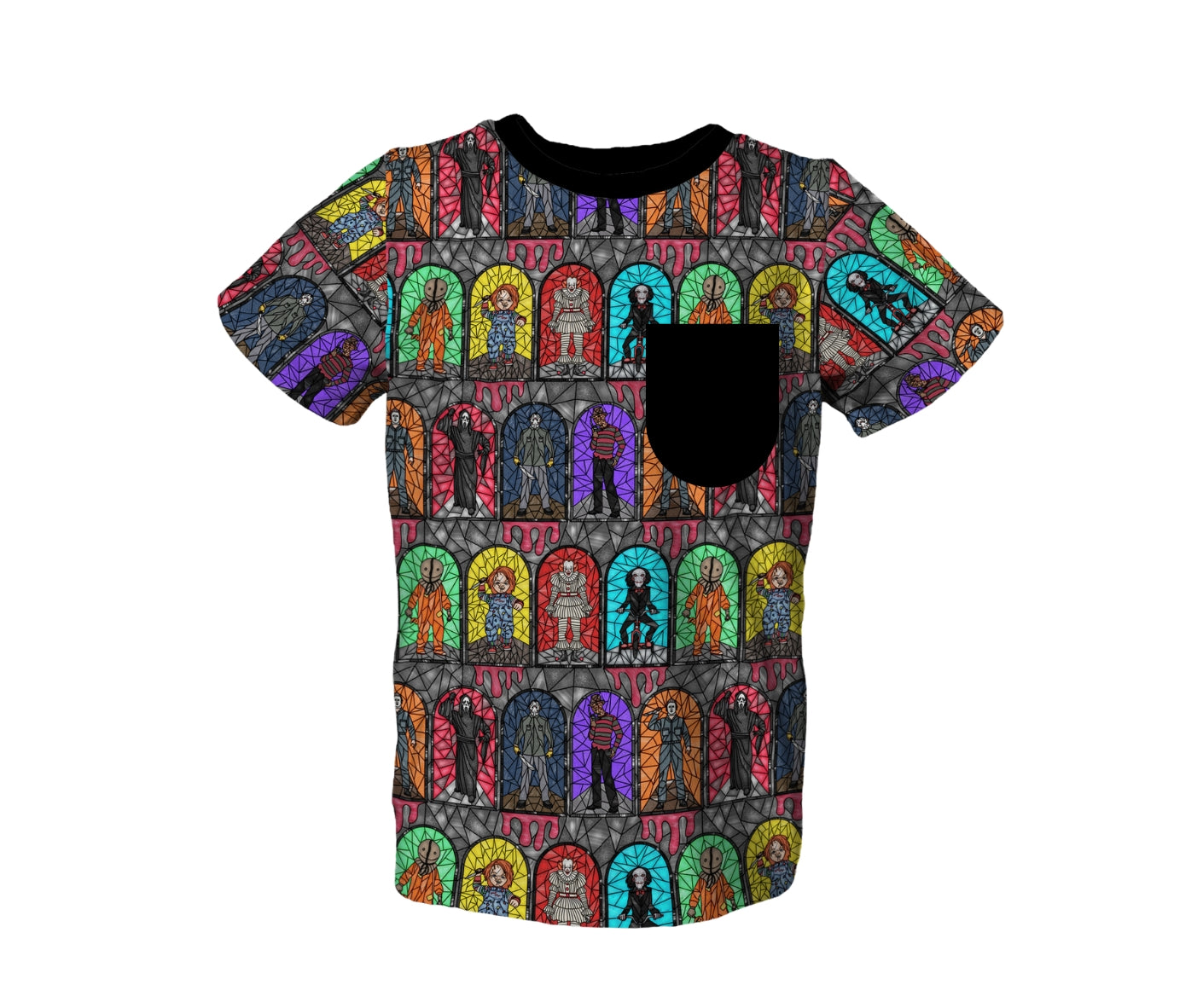 Stained Glass Horror Stars Pocket Tee (PRESALE– SHIPS APPROX SEPT)