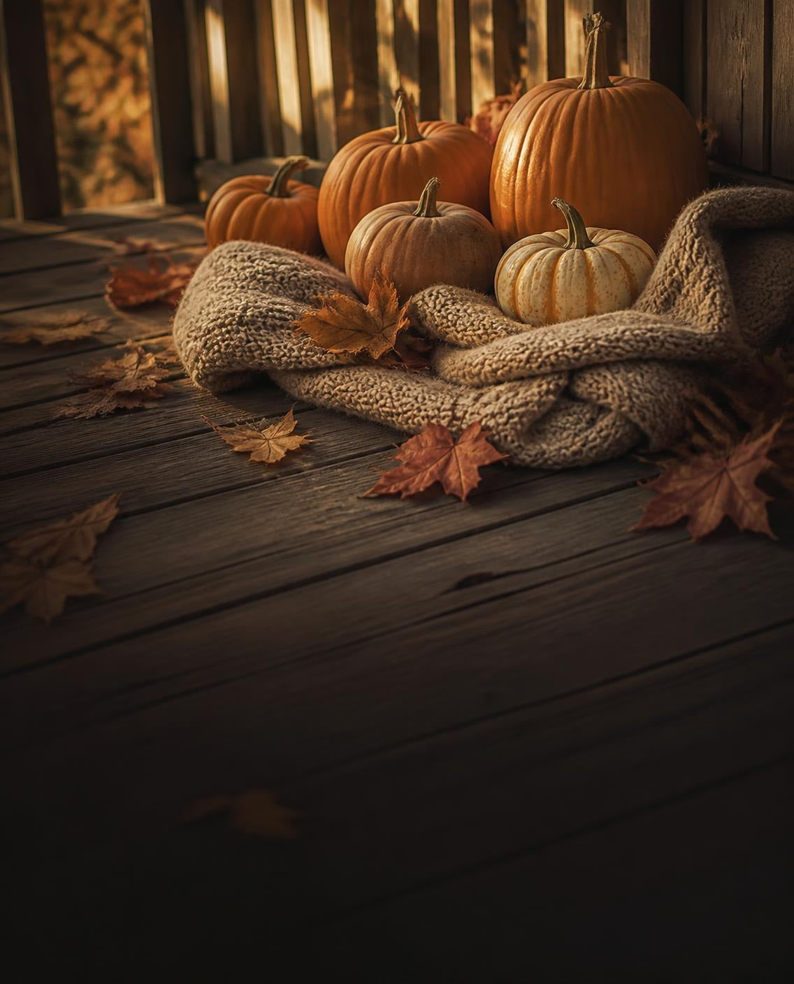 Pumpkins on a cozy knit blanket on a porch with autumn leaves